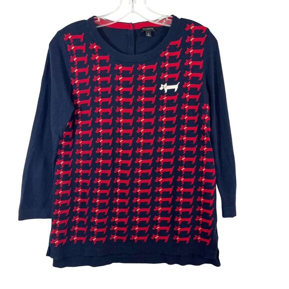 Talbots Navy Blue & Red Dog Novelty Print Sweater - Size Small - Picture 1 of 6